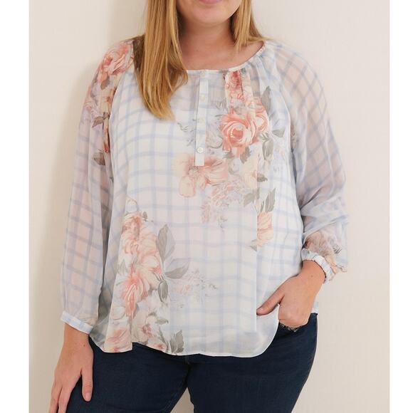 LC Lauren Conrad blue Floral Sheer Blouse XL Professional Career Workwear Office - Picture 1 of 8